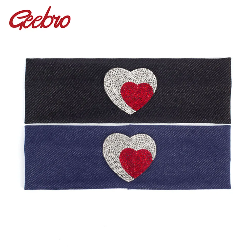 

Geebro Women's Flat Headbands Fashion Double Heart Rhinestones Elastic Plain Stretch Headband For Girls Hair Band Turban Wrap
