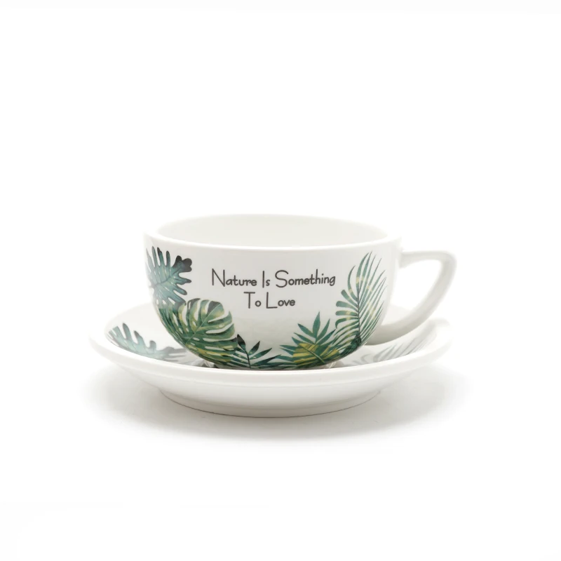 

320 ml Monstera pattern coffee cup and saucer for WLAC tropical leaf championship porcelain latte art cups for cafe
