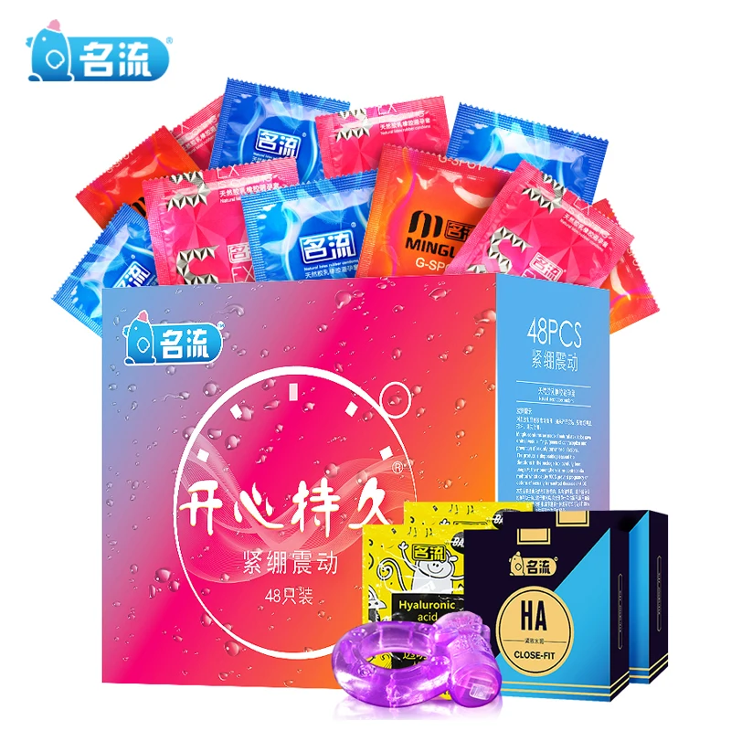Mingliu 48pcs Super Tight Condoms Lubricating Penis Sleeve Ultra Thin G-spot Condones With 10g Lubricant + Penis Ring Vibrator