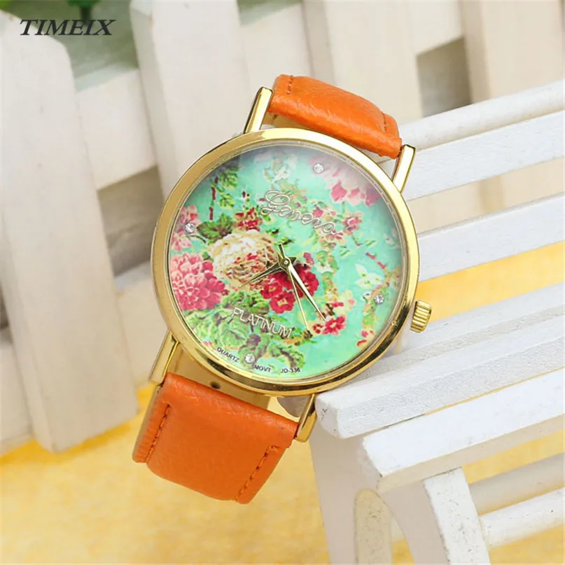 Новый стильный Для женщин кожа цветок розы часы Повседневные подарок украшения