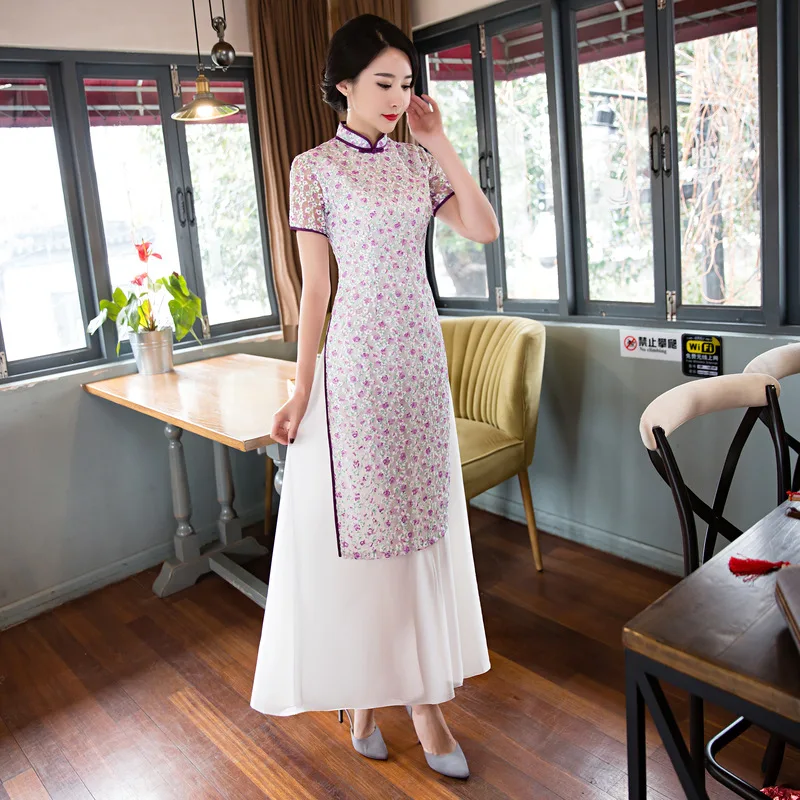 Женское длинное платье Ципао Cheong-sam кружевное реформирующее вьетнамское