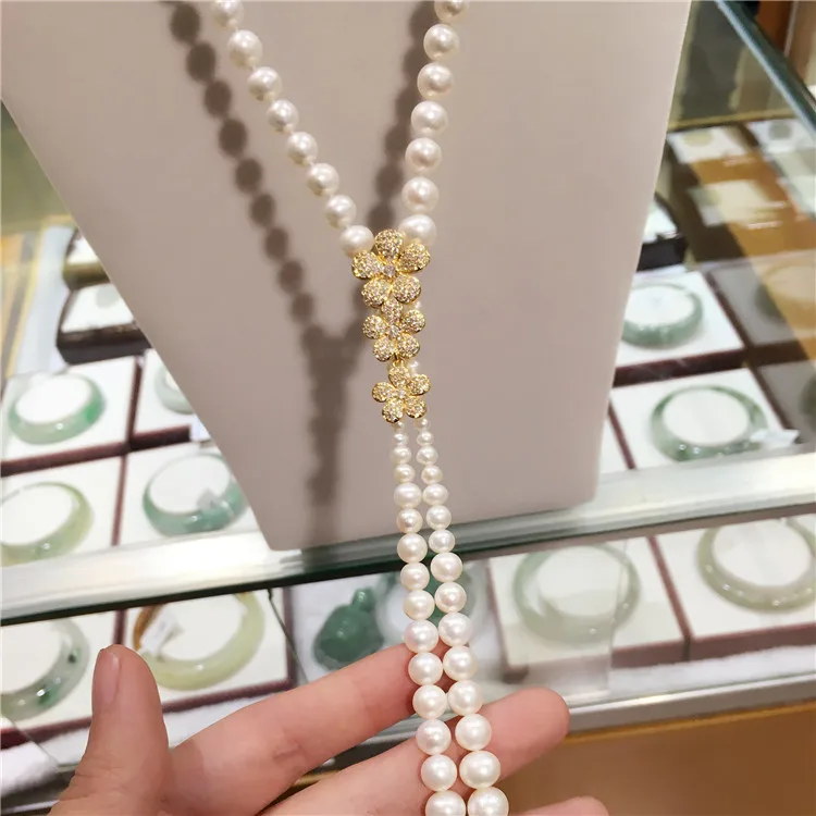 Hand knotted natural white freshwater pearl long 80+20cm sweater chain flowers gold two styles zircon accessories necklace | Украшения и