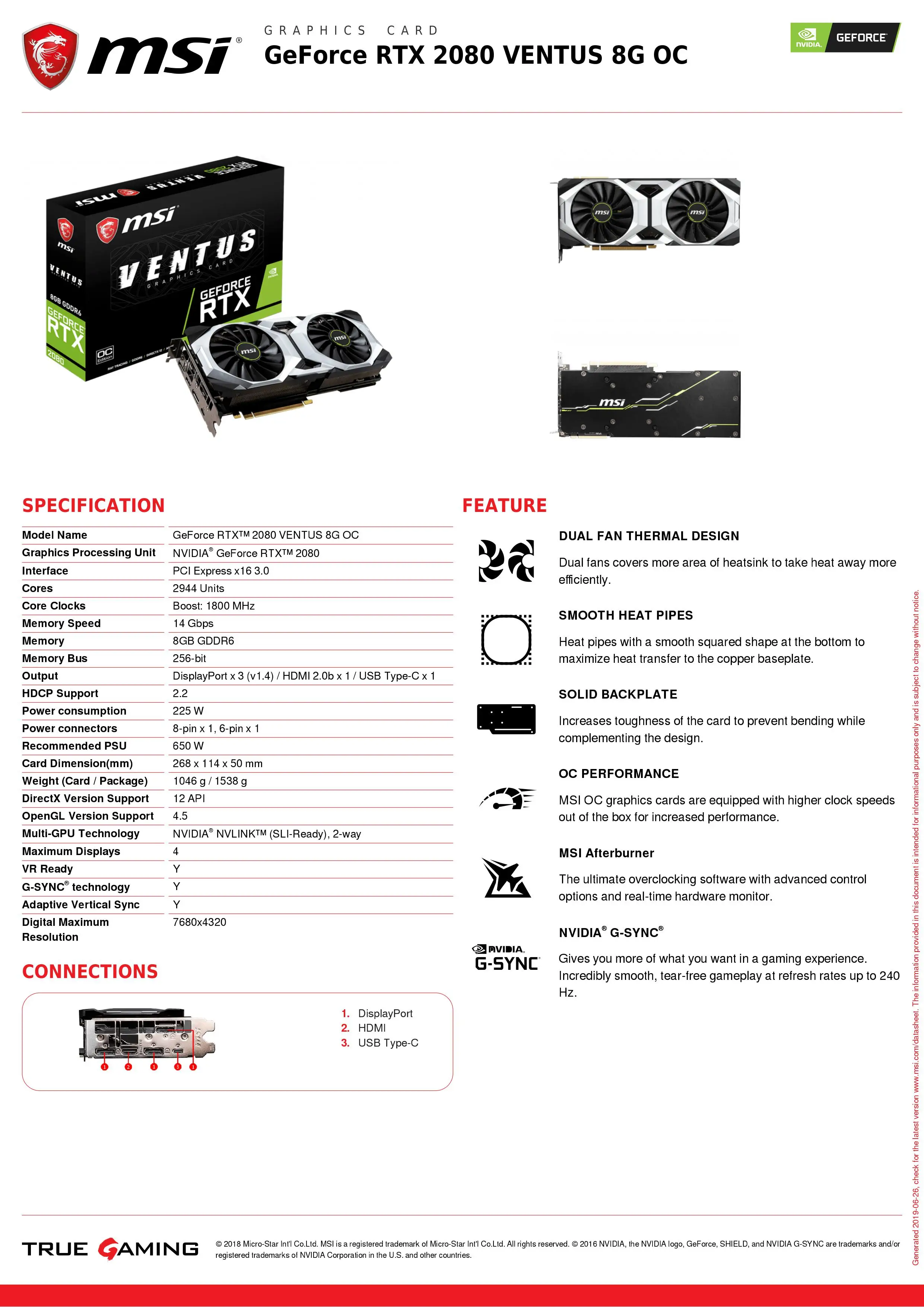 Видеокарта MSI GeForce RTX 2080 VENTUS 8G OC 8 GB GDDR6 1800 MHz 2944 единиц 256 бит 14 Гбит PCI Express x16 3 0 плата