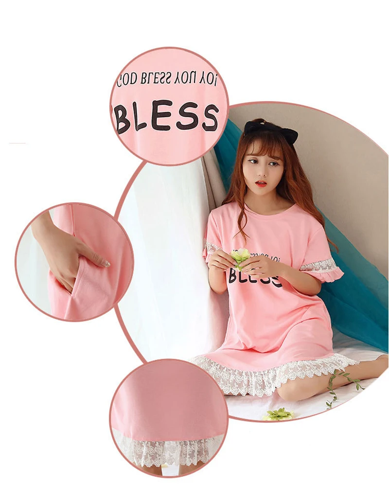 UNLIMON 100 Cotton Women's Nightgowns Short Sleeve Night Dress For Women Girls Cute Plus Size | Женская одежда