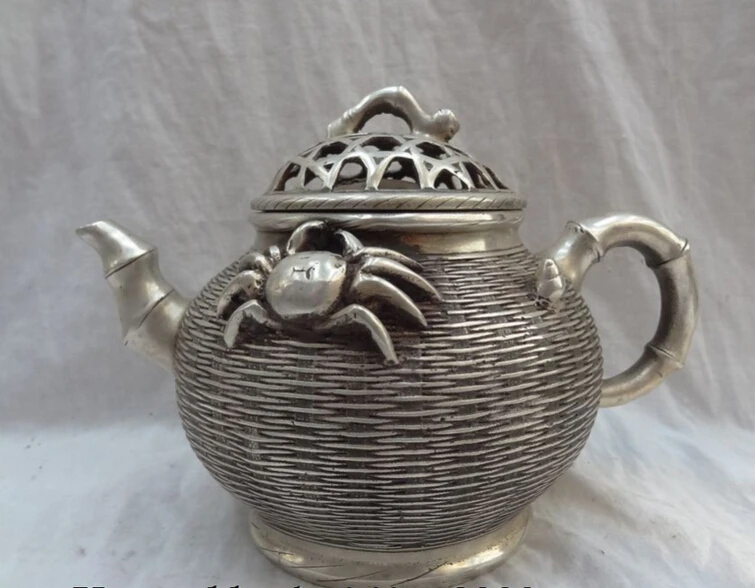 JP S0608 10" Chinese Silver Crab Statue Auspicious Symbol Bronze Bamboo Teapot Wine Pot Discount 35% | Дом и сад
