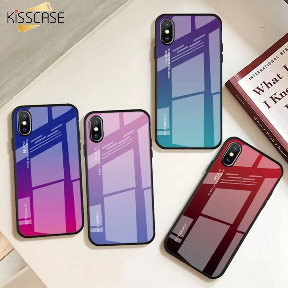 KISSCASE Gradient Color Glass Case For iPhone X XR XS MAX 7 8 Hard Back Cases Plus 6 6s Conuqe |