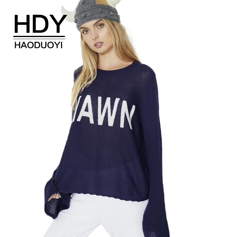 HDY Haoduoyi Solid Fashion Dark Blue Sweaters Women Letters Printed Embroidery Casual Pullovers Female Lace Tops Lady | Женская одежда
