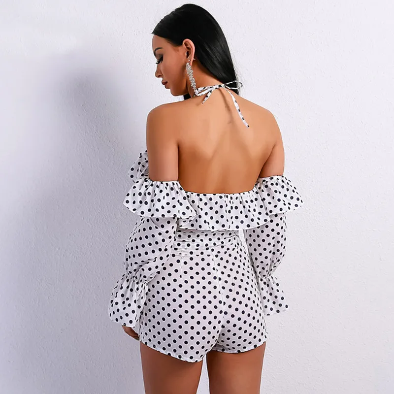 

2019 Jumpsuit Sexy Halter Print Hollow Out Full Women Dow Bow Night Club Backless Party Bodysuit Elegant Jumpsuit Wholesale