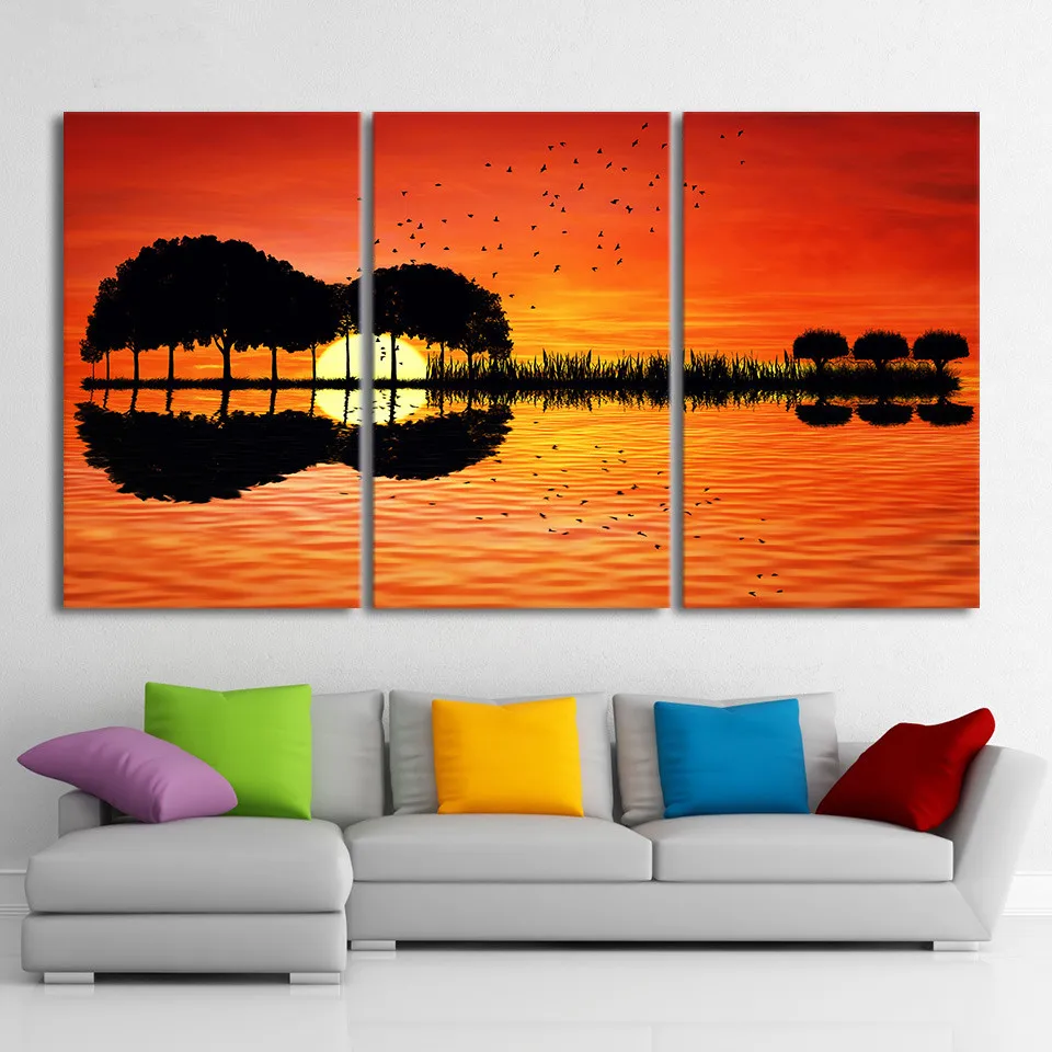 3 шт. гитара дерево озеро отражение закат холст краски Wall Art Абстрактная HD