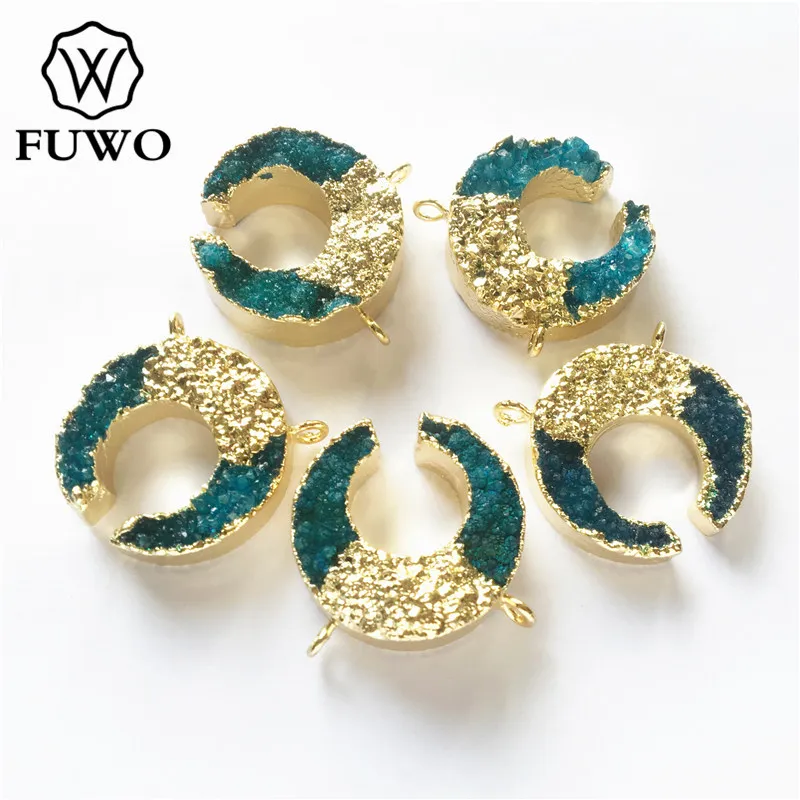 FUWO Натуральный Druzy Кулон с дизайном полумесяц золотой отделкой модные двойные
