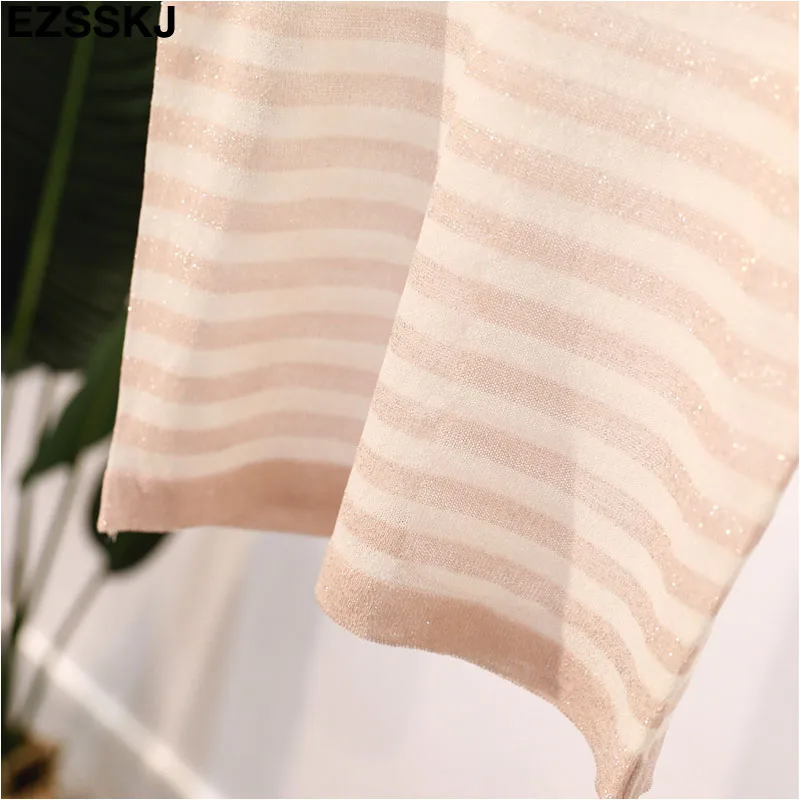 thin summer striped knit t-shirt Women short sleeve T-Shirt bling O-neck cool Glitter Basic t-shirt sexy shiny top