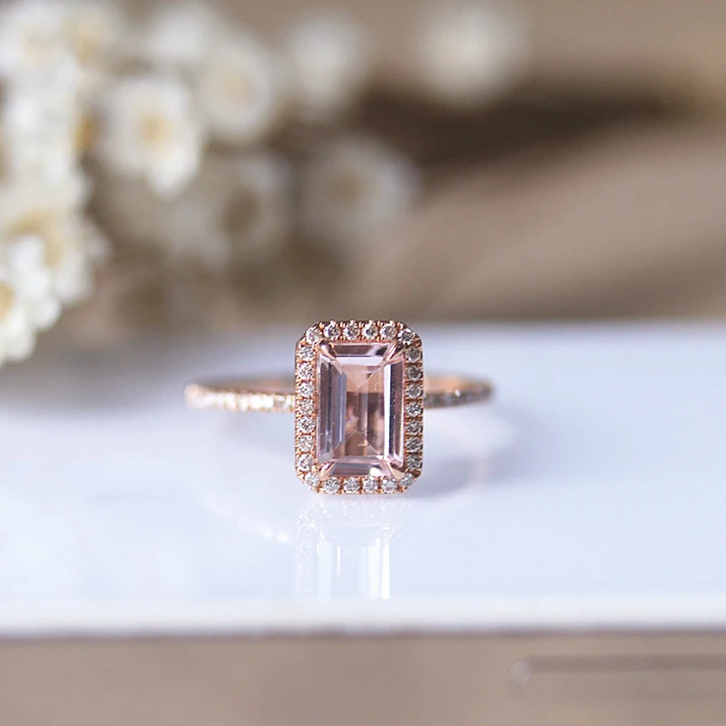 

DUPUY Natural 4*6mm Emerald Cut Morganite Ring Diamonds Halo Ring Half Eternity Stackable Ring 14K Rose Gold Ring F0007MO
