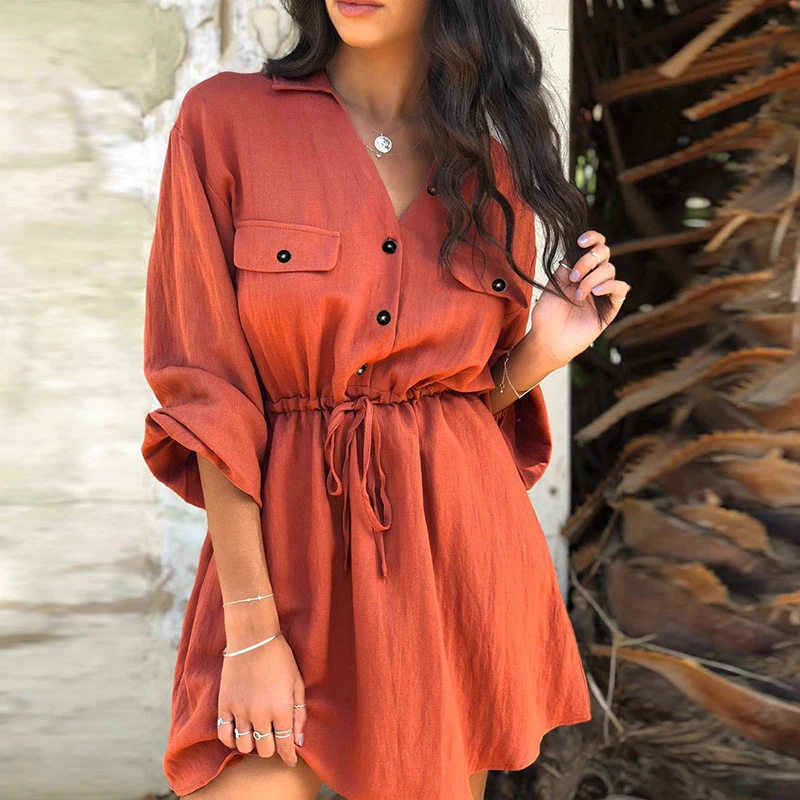 BerryGo льняные платья, женское платье-рубашка, платье с длинным рукавом, элегантное женское платье на пуговицах, vestidos, винтажные летние мини платья, повседневные