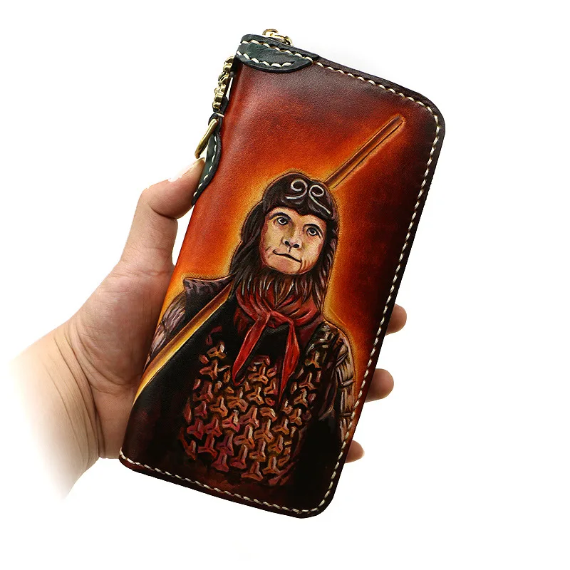 

Chinese Mythological Heroes Sun WuKong Wallets Bag Purses Men Long Clutch Vegetable Tanned Leather WalletBoy Boyfriend Gifts