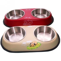 dual bowls design stainless steel dog cat bowl heat resistant pets pot pet products beige red color