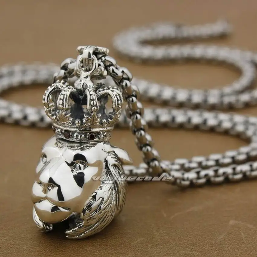 Pendant and 24 inch LINSION 925 пробы Серебряная корона Хранители Король Лев Мужская Байкерская панк Подвеска 8B002 - Окраска металла: Pendant and 24 inch