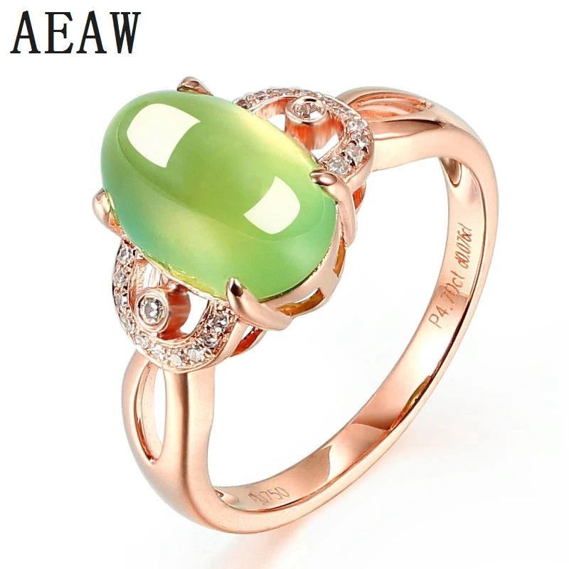 Natural Green prehnite 8*10mm Oval Shape 9k Rose Gold Ring set with Moissanite Accents Top quality Fine women's jewelry | Украшения и