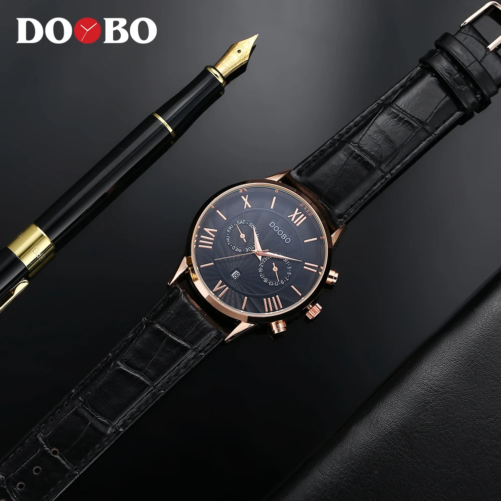 Doobo спортивные часы мужские золотистые Водонепроницаемый кожа Бизнес Кварцевые
