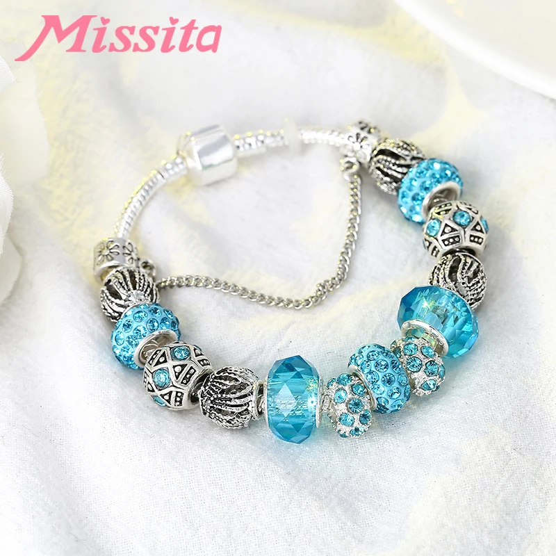 

MISSITA Trendy Silver Color Blue Crystal Bracelet with Blue Murano Beads Bangle for Women Jewelry Anniversary Girlfriend Gift