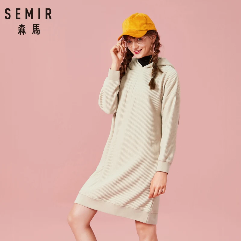 SEMIR Для женщин с капюшоном Толстовка в рубчик платье заниженной линией плеч