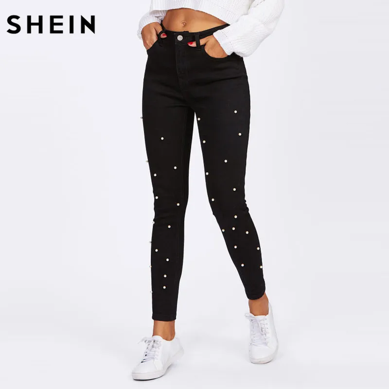 SHEIN Модные Джинсы С Бусинами Женские Элегантные Черные Длинные Джинсовые Брюки