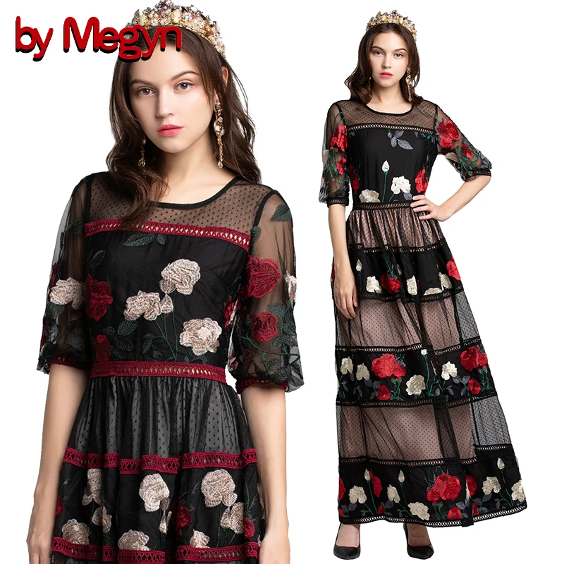 

by Megyn floral embroidered maxi dress women antern sleeve mesh see through elegant vintage christmas party black long dresses