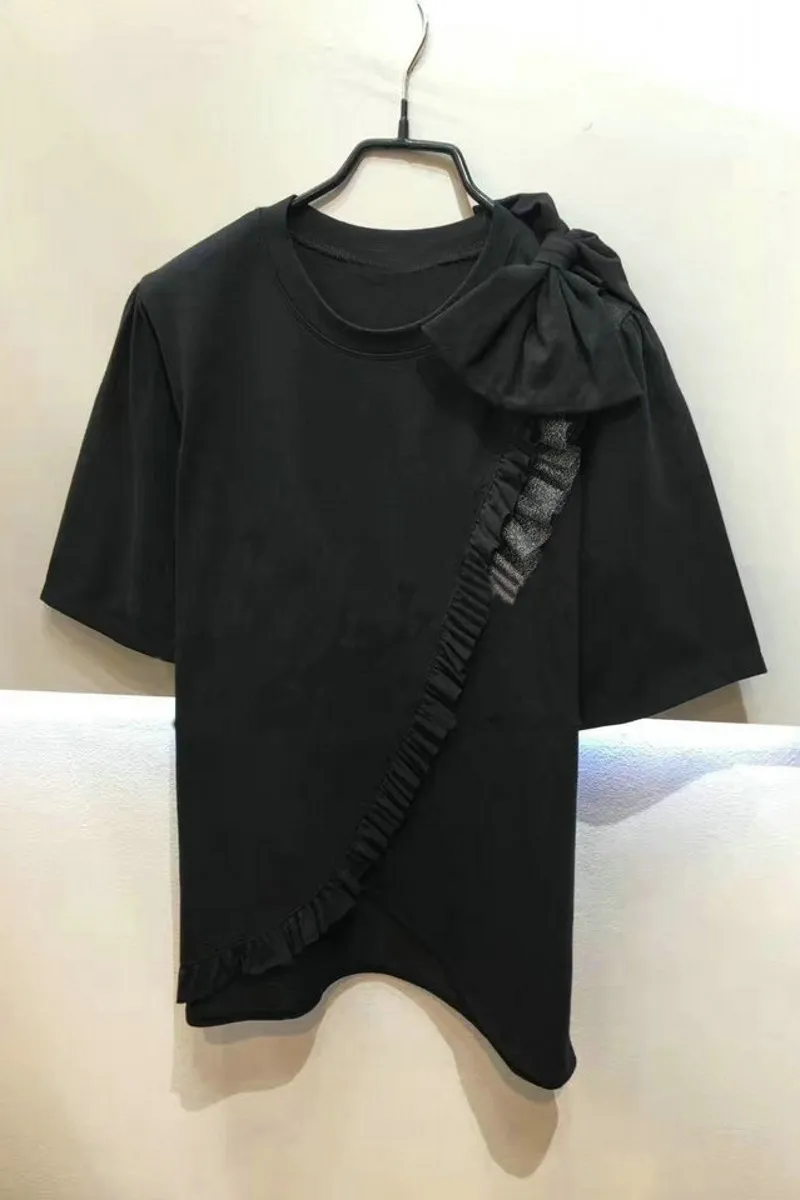 Neploe/ летние женские топы, футболка с коротким рукавом, свободная женская футболка с черным бантом, футболка с оборкой, элегантная Корейская одежда 39401