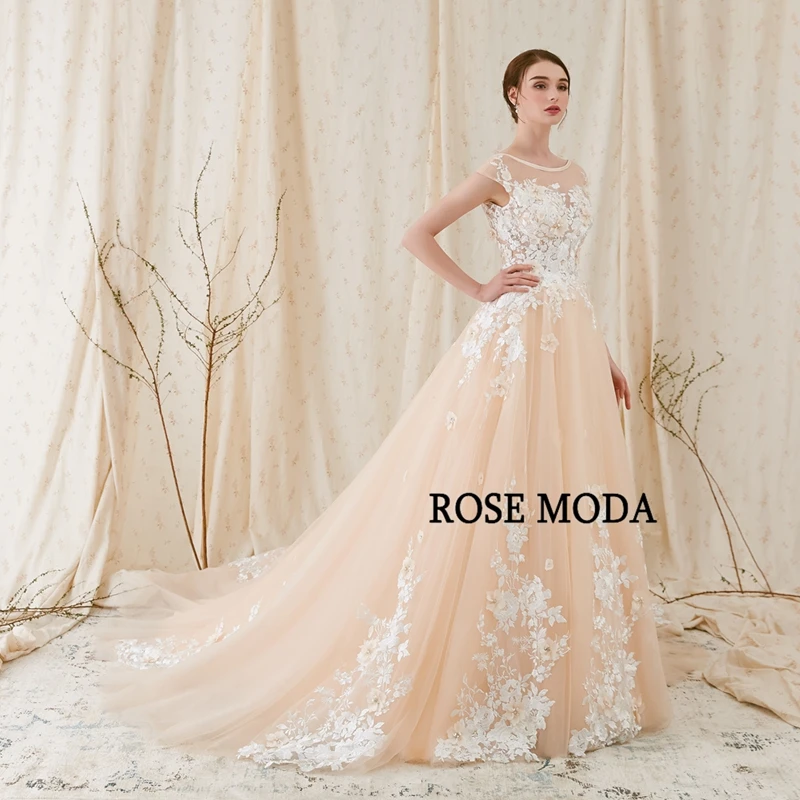 Rose Moda Modern 3D Floral Lace Wedding Dress Low V Back Ivory over Champagne Bridal Gown Custom Make | Свадьбы и торжества