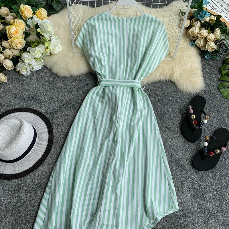 Neploe Полосатое женское платье, корейская мода, круглый вырез, короткий рукав, Vestidos, неровный шнурок, оборки, женские платья 44473