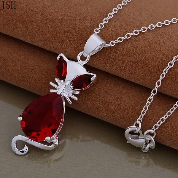 For women lady silver color fashion CZ STONE wedding elegant kitten red blue crystal necklace charms Best Gift cute AN757 | Украшения и