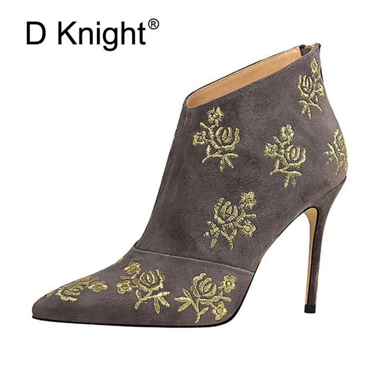 

Sexy Pointed Toe High Heels Women Ankle Boots Fashion Flower Embroidery Thin Heels Autumn Boots Ladies Casual Stilettos Boots