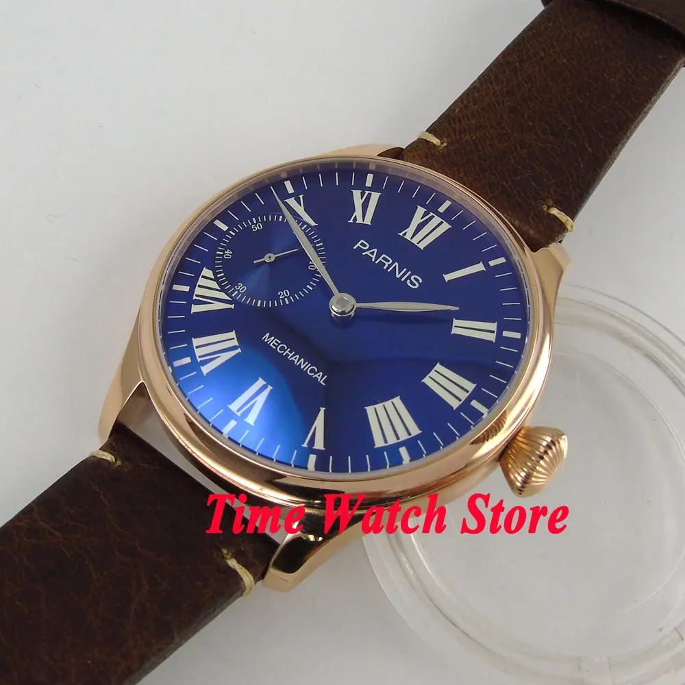 44 мм Парнис с синим циферблатом римскими цифрами золотой чехол светящийся 17 jewels