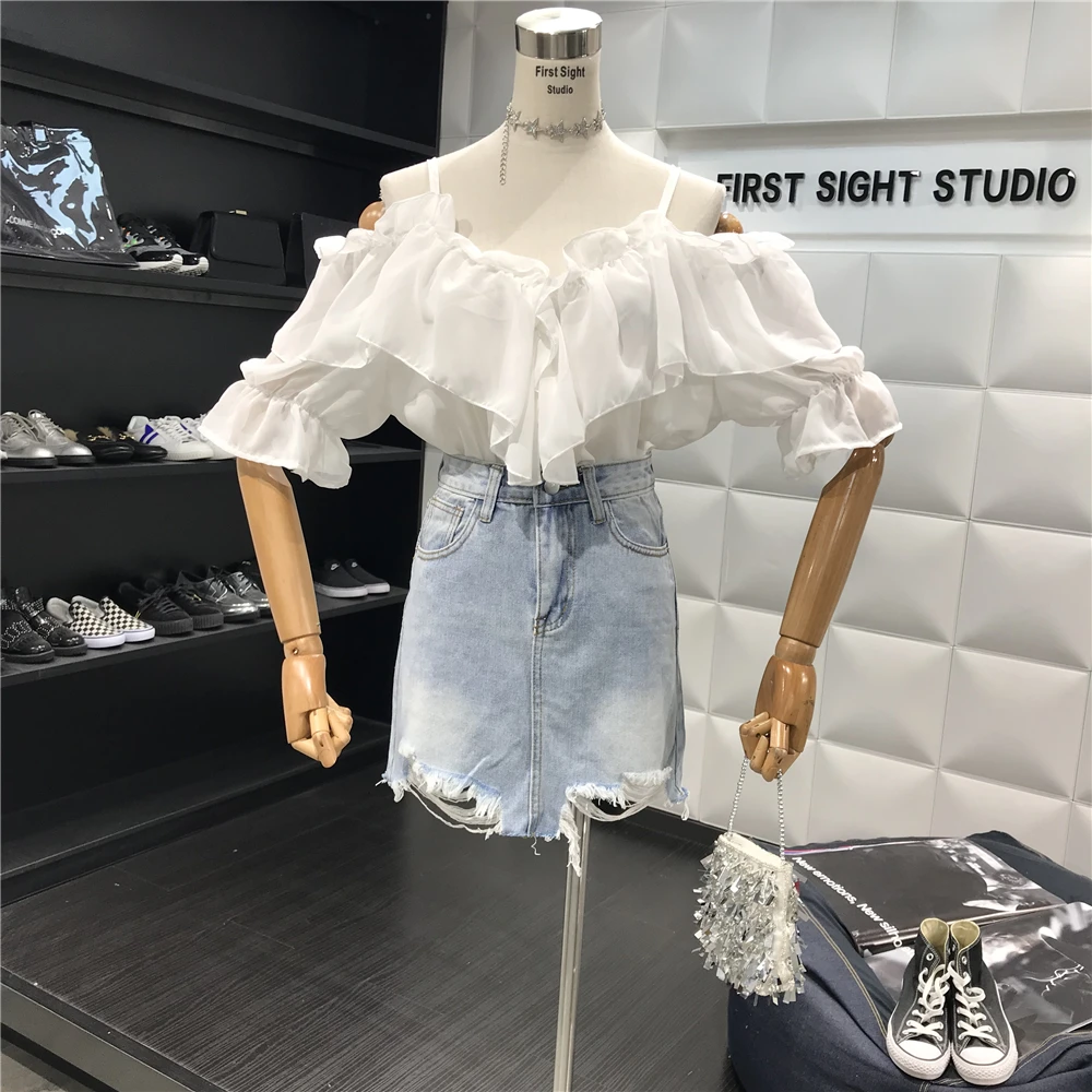 Женская шифоновая блузка ALPHALMODA с оборками и открытыми плечами рукавом до локтя