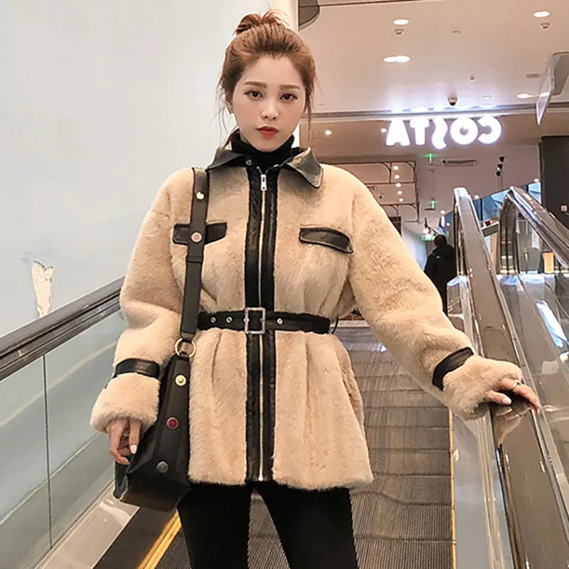 New Faux Mink Fur Parka 2019 Spring Women Office Coat Velvet Stitching Plush Pu Leather Jacket Slim Fit Belt Overcoat Best Pj347