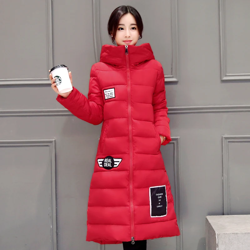 Новый 2017 зимняя куртка дизайн мода женщины более-колено длина пальто + размер