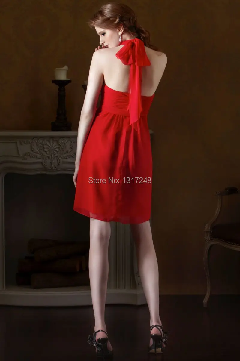 New Arrival ! Free Shipping 2014 Red Elegant Lovely Halter Sash Chiffon Above Knee A-line Bridesmaid Dress | Свадьбы и торжества