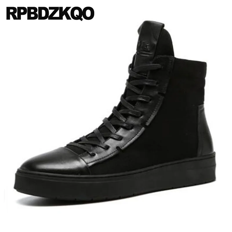 

Trainer Boots Full Grain Leather Fur Canvas Flat Booties Winter Ankle Genuine Designer Shoes Men High Quality Black Lined Top