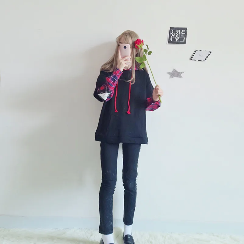 Японский милый уличный модный Женский свитшот Harajuku Kawaii Cat принт клетчатые толстовки черный спортивный костюм пуловер Женский свитшот