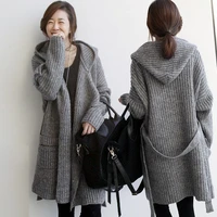 womens gray knit sweater long coats belted thickened hooded cardigan loose coat c98