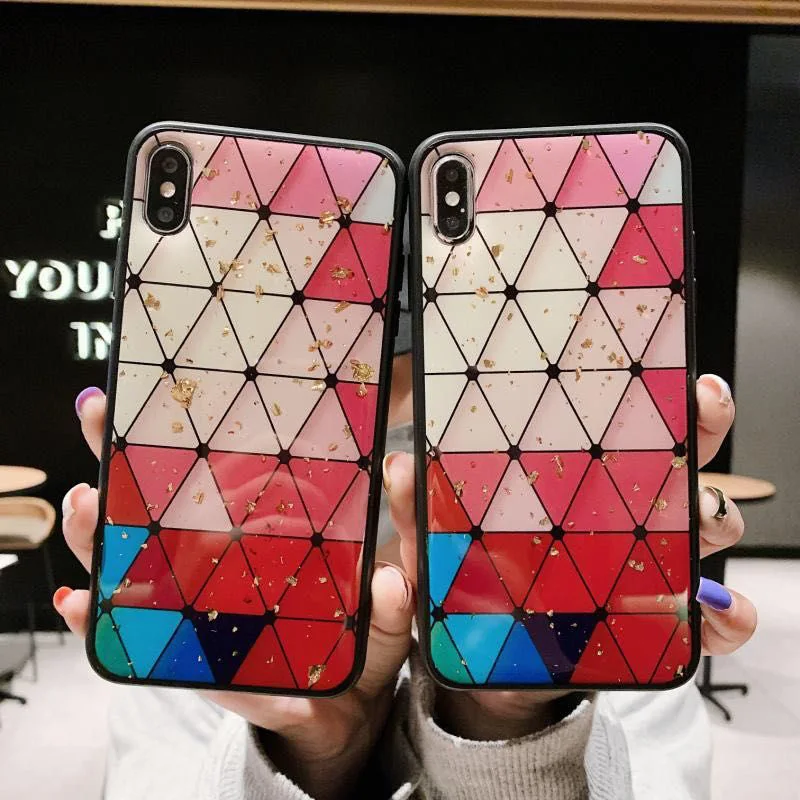 Fashion Geometry Triangle Case for iPhone X XS Max XR Glossy Hard Capa Fundas 8 7 6 6S Plus Luxury Gold Foil Covers |
