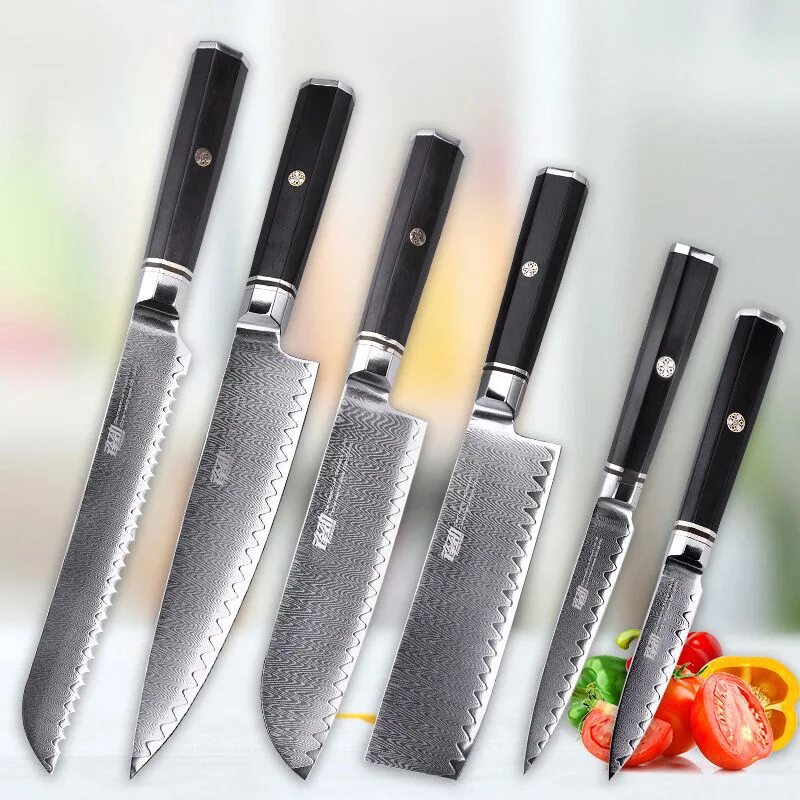 6 pcs FINDKING профессиональный набор из 6 предметов с восьмиугольной ручкой и рисунком лестницы, 67 слоев дамасской стали, черного дерева, набор кухонных ножей для шеф-повара - Цвет: 6 pcs