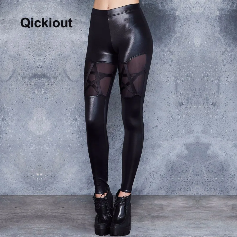 Qickitout, женские леггинсы с высокой талией, кожаные штаны, черные, сексуальные костюмы, звезды, сетка, сшитые, женские весенние штаны, вечерние, Клубные