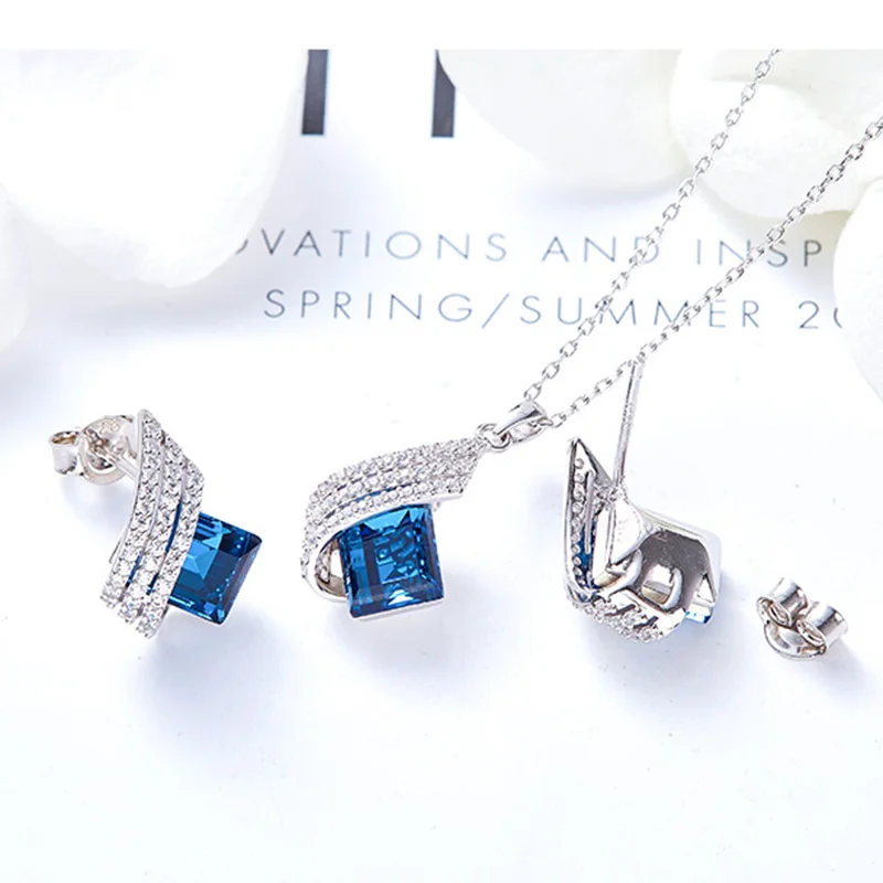 Роскошный 925 пробы серебряный комплект, украшенный кристаллами от Swarovski, ювелирный набор, кулон, ожерелье, серьги-гвоздики
