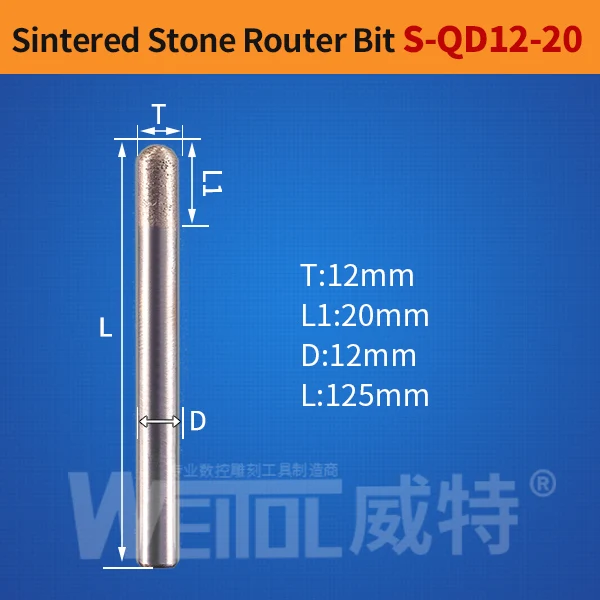 S-QD12-20 Weitol плоское дно шариковый нос Камень Гравировка Биты спеченные Инструменты для резьбы по камню алмазные фрезы фрезерный станок с ЧПУ Инструмент Бит - Длина режущей кромки: S-QD12-20