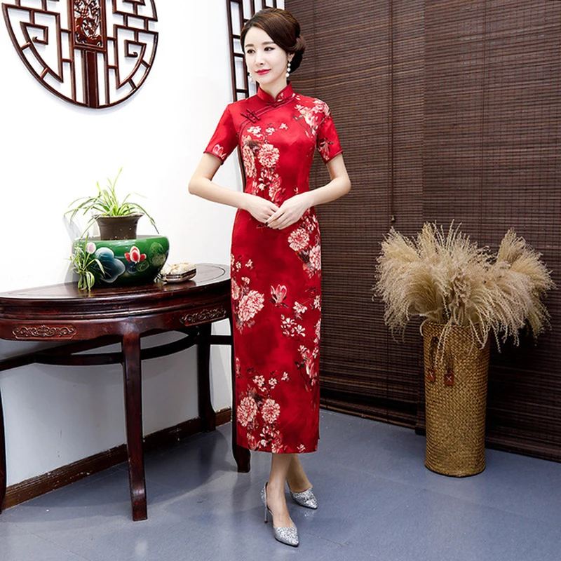 Женское атласное длинное вечернее Ципао Qipao винтажное платье с цветочным принтом