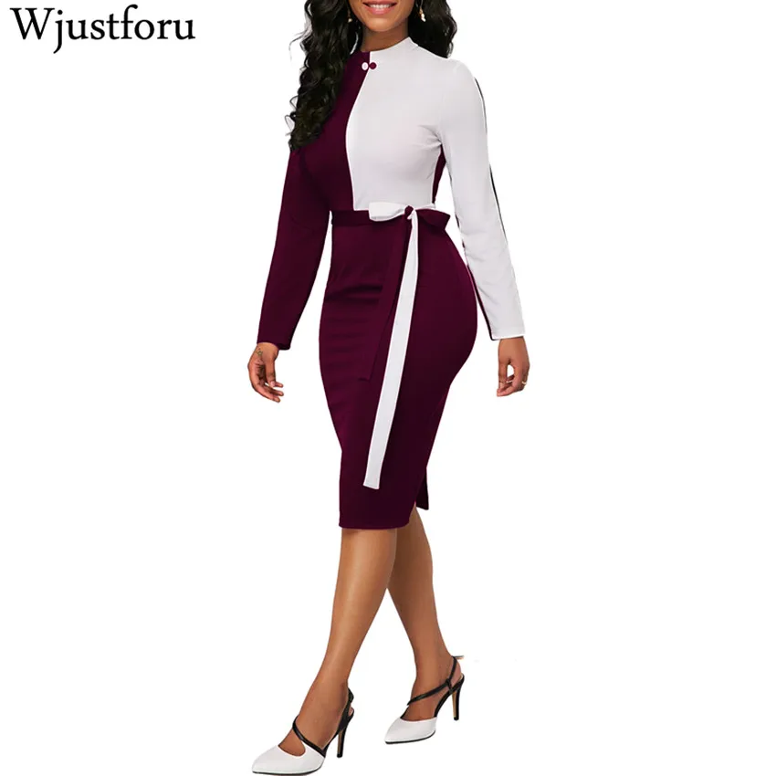 Wjustforu Новый Осень Bodycon Офис Платье Макси Для женщин Модный пэчворк элегантное