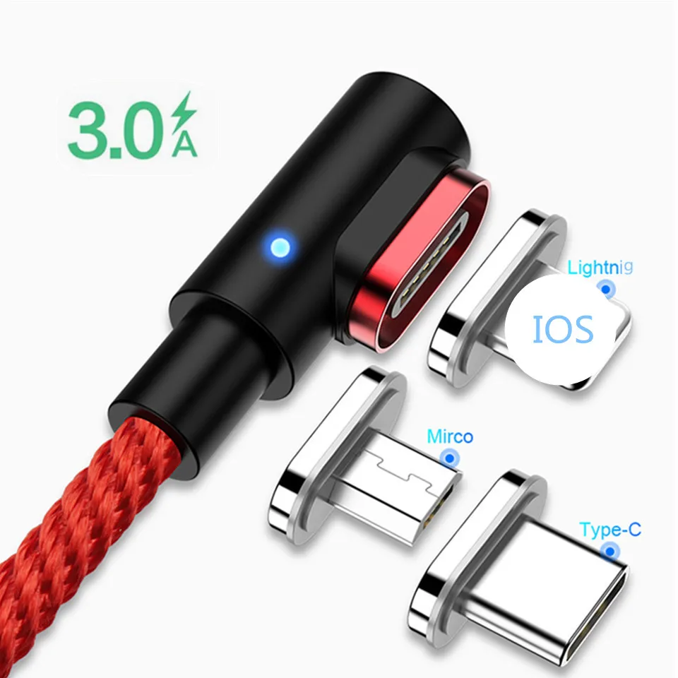 Магнитный кабель USB Type C/Micro USB/для IOS 3 в 1 90 градусов магнитный для быстрой зарядки