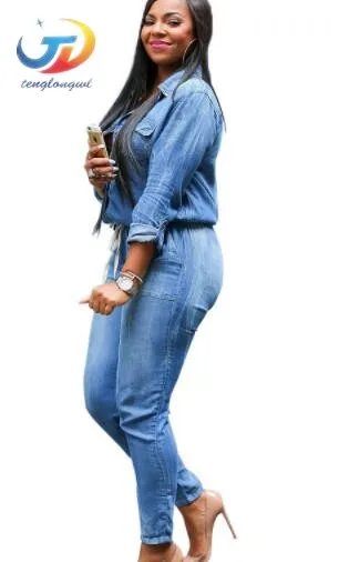 Tenglongwl Blue Jeans Jumpsuits For Women Fashion Long Sleeve Female Denim Slim Ladies Plus Size | Женская одежда
