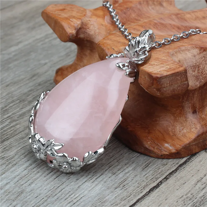Natural Quartz Teardrop Pendant Necklace Romantic Stainless Steel Cable Chain necklace Women's adjustable Choker | Украшения и