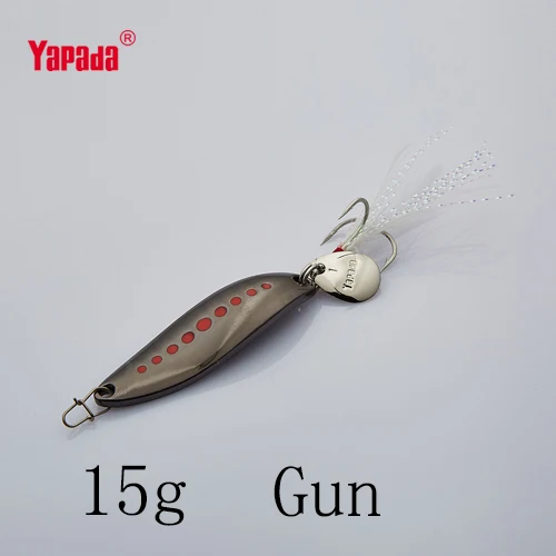 YAPADA ложка 012 новая пиявка 10 г/15 г/20 г тройной крючок+ перо+ Блестки 55 мм/55 мм/58 мм многоцветная металлическая ложка рыболовные приманки - Цвет: Gun 15g